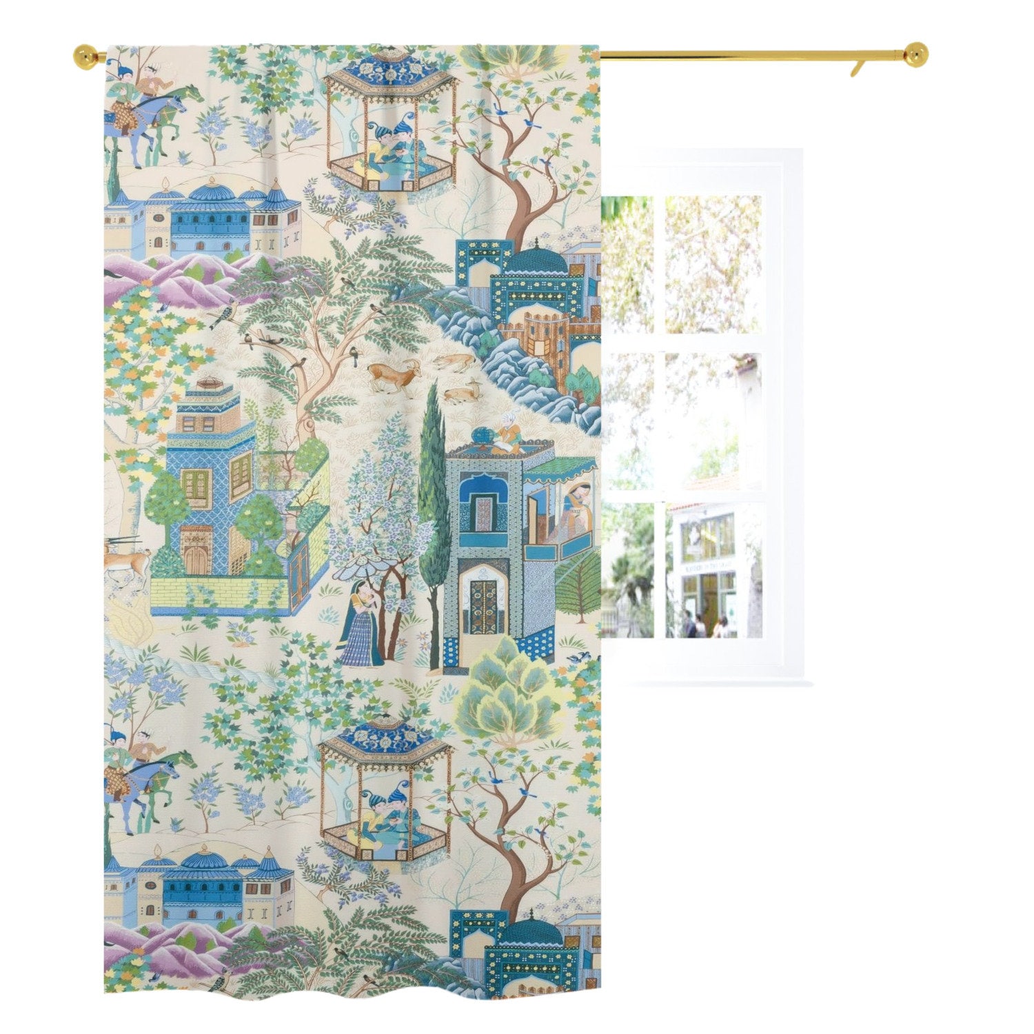 Vintage French Toile De Jouy Semi-Opaque Window Curtains, Blue, Green Floral Print, Traditional Asian Country Scene, Rustic Chic Decor