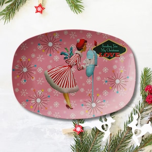 Retro 1950s Vintage Kitsch Christmas Card Art Mid Century Serving Platter