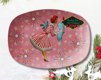 Retro 1950s Vintage Kitsch Christmas Card Art Mid Century Serving Platter