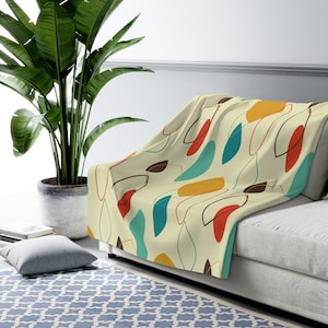 Retro Mid Century Modern Geometric Sherpa Fleece Blanket in Cream, Yellow, Orange & Teal