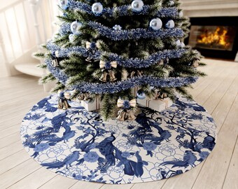 Chinoiserie Peacock Tree Skirt, Luxury Blue and White Christmas Decor, Elegant Holiday Tree Base, Festive Seasonal Accent