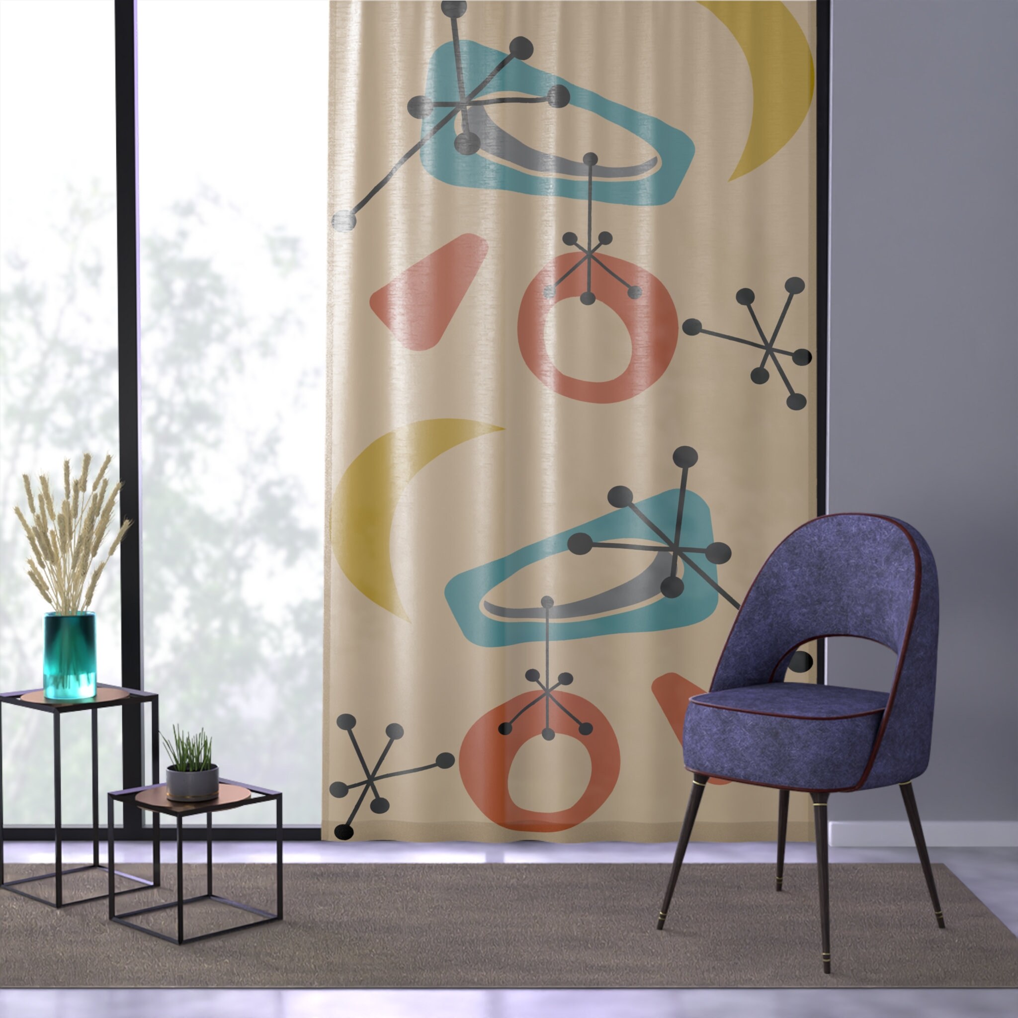 1950年辺りのカーテン レトロ 1950 年代 ミッドセンチュリー モダン ウィンドウ