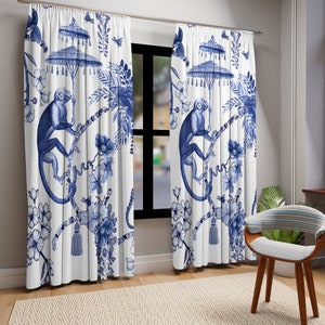 Tende da finestra Chinoiserie Jungle Botanical Toile, blu, bianche, pannelli per tende Chinoiserie floreali, arredamento rustico - 122581123