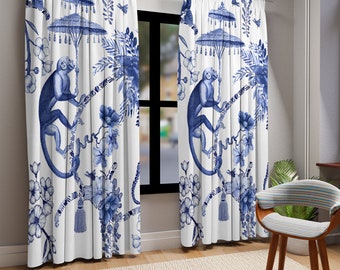Chinoiserie Jungle Botanical Toile Window Curtains, Blue, White
