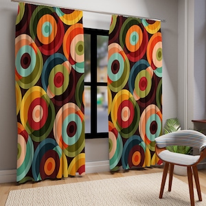 Retro Groovy Geometric Circle Orbs Window Curtains, 70s Mid Century Modern Psychedelic Abstract Curtain Panels - 132582823