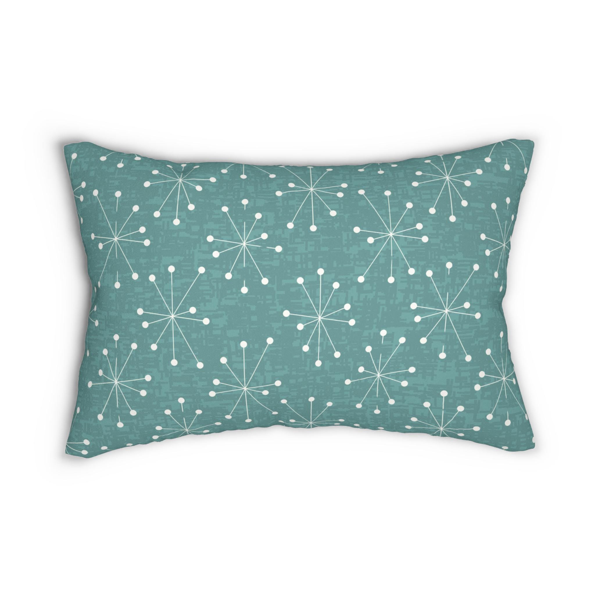 Mid Century Modern Starburst Lumbar Pillow, Retro Teal Accent Cushion, Atomic Era Home Decor