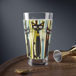 Mid Century Modern Atomic Kitschy Black Cats Pint Glass, 16oz Retro Geometric Cocktail Shaker, MCM Party Drinkware