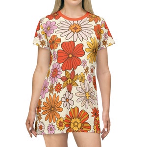 70s Retro Groovy Hippie Flower Power T-Shirt Dress, Mid Mod Summer Party Dress