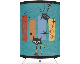 Mid Century Modern Atomic Cat Tripod Lamp, Retro Starburst Living Room, Bedroom, Accent Lamp, Office Table Lamp, Peeping Cats Lamp Shade