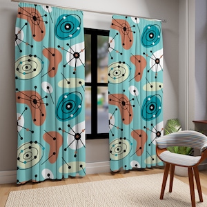 Mid Century Modern 50s Blackout Window Curtain, Retro Atomic Aqua Blue Living Room, Bedroom Curtain Panel