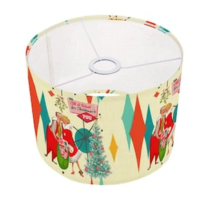 Retro Vintage 50s Kitsch Christmas Lampshade, Festive Holiday Decor, Mid Century Modern Drum Shade, Vintage Holiday Lighting