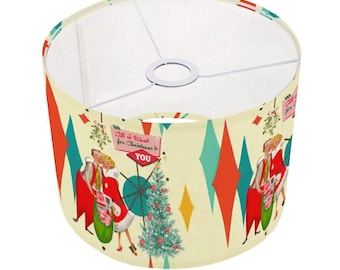 Retro Vintage 50s Kitsch Christmas Lampshade, Festive Holiday Decor, Mid Century Modern Drum Shade, Vintage Holiday Lighting