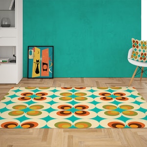 70s Retro Chic Mid Mod Daisy Area Rug, Mid Century Modern Burnt Orange, Aqua, Lime Green, Beige Accent Rug, MCM Living Room, Bedroom Decor