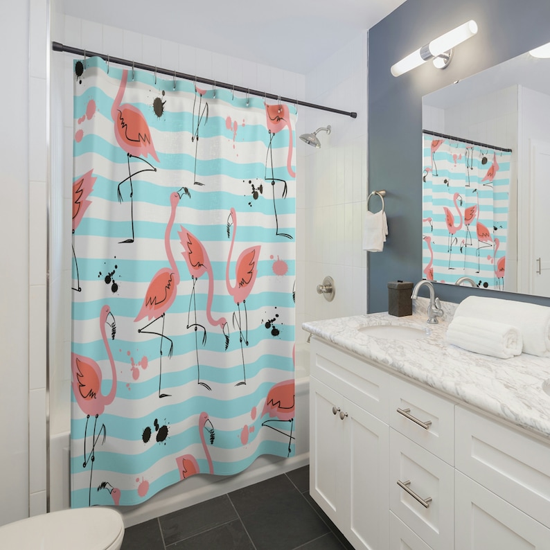 Tende da doccia con fenicotteri rosa, tende da bagno con arte dell’acquerello, uccello fenicottero tropicale, arredo bagno blu acqua, rosa, casa sulla spiaggia immagine 5