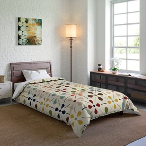 MCM Floral Comforter, Minimalist Scandinavian Modern Danish Retro Whimsical Blooms Bedding image 6