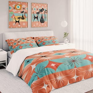 Mid Century Modern Duvet Cover, Retro 50s 60s Atomic Diamond Starburst Orange Teal Bedding