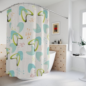 Mid Century Modern Boomerang Shower Curtain, Retro Aqua Blue, Lime Green, Orange, Silver Starburst Bathroom Decor, Retro Bath Curtains