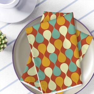 Cloth Napkins in Mid Century Modern Geometric Hourglass, 4-Piece Set Retro 50s Teal Orange Mustard Table Linens, Vintage Dinner Napkin Gifts