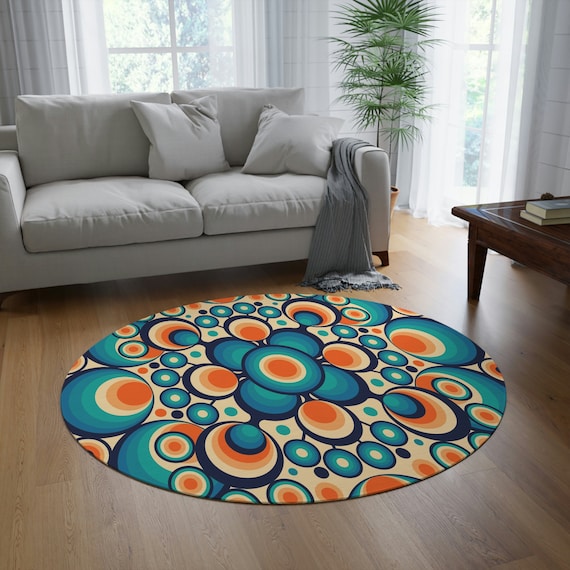 70s Groovy Hippie Mid Century Modern Round Rug, Retro Psychedelic Orbs Living Room, Bedroom Accent Rug, MCM Home Decor, Bedroom Aesthetic