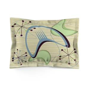 May include: A beige pillow with a mid-century modern design featuring abstract shapes in shades of green, blue, and brown. The design includes stylized starbursts and curved lines.