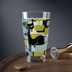 Retro Atomic Cat Cocktail Glass, Mid Century Modern Pint, Whimsical Drinking Glass