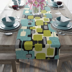 Mid Century Modern Abstract Table Runner, Retro Teal, Lime Green, Gray, Cream Geometric Table Linen, MCM Cotton, Poly Dining Table Decor