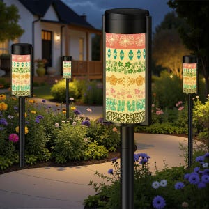 May include: Garden pathway lights with black posts and patterned shades. The shades display floral and geometric designs in pink, green, yellow, and orange. The lights are set in a garden with flowers and greenery. The lights are approximately 150 cm tall.