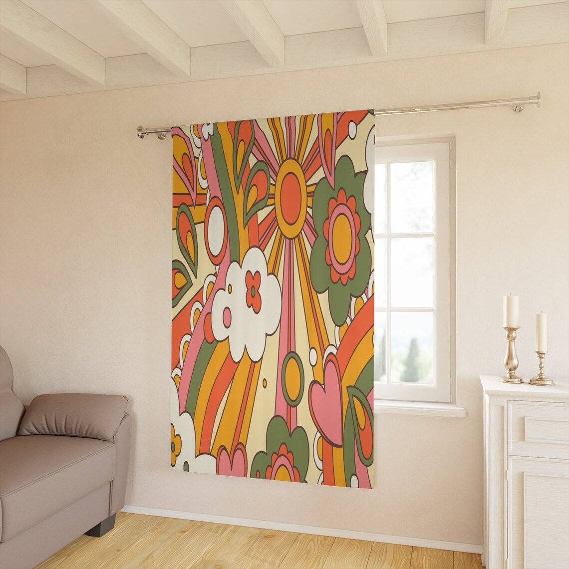 70s Display Window Window Curtains in Mid Century Modern Retro Groovy Hippie 70s Sunburst ...