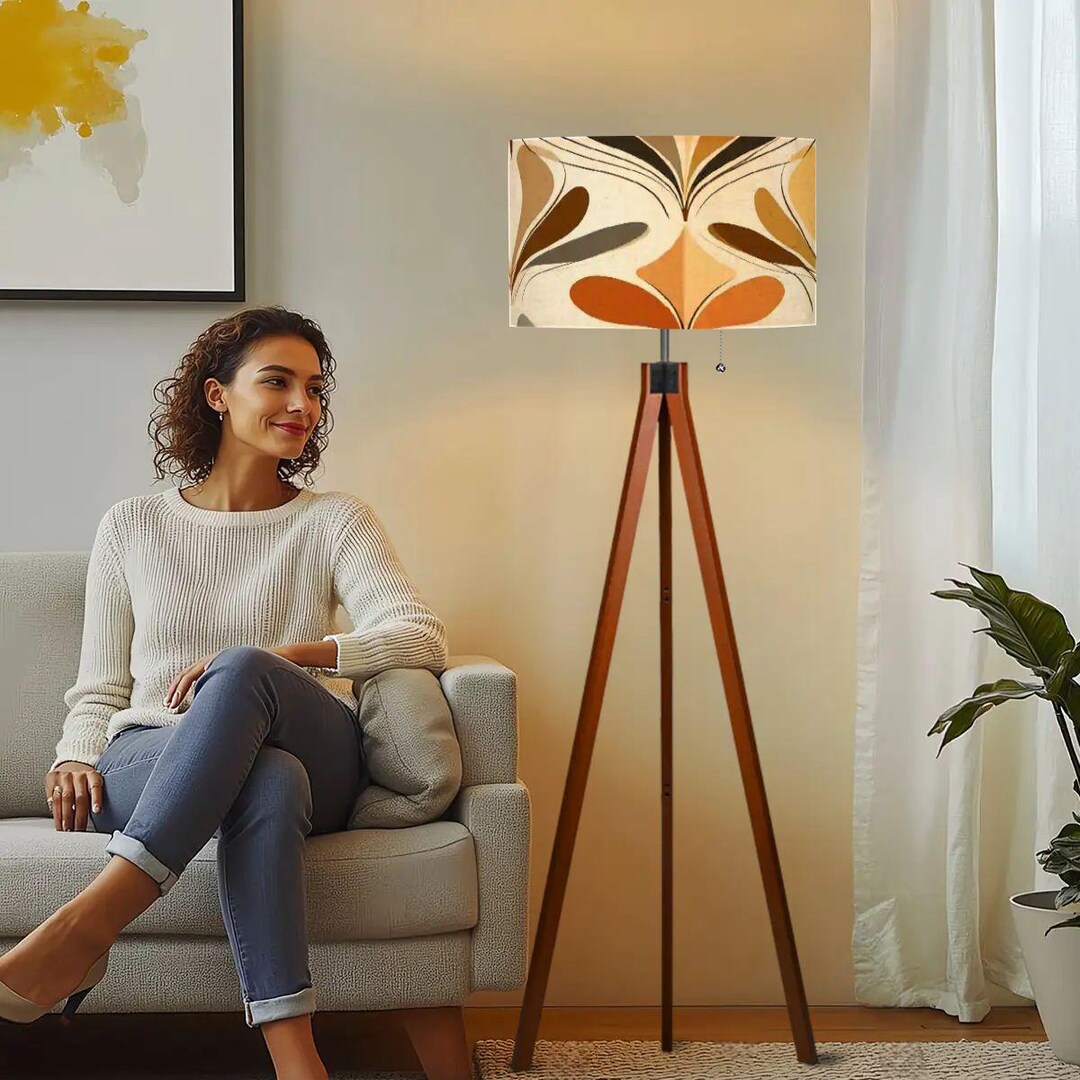 Mid Century Modern Tripod Floor Lamp, Retro 70s Danish Floral