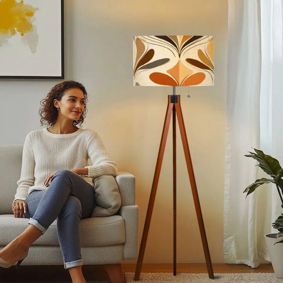Mid Century Modern Tripod Floor Lamp, Retro 70s Danish Floral