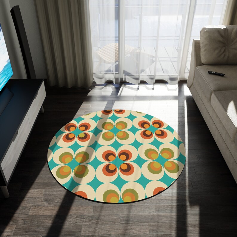 70s Retro Mid Mod Daisy Round Rug, Living Room, Mid Century Modern Flower Power Bedroom Accent Rug, MCM Home Decor, Bedroom Aesthetic image 4