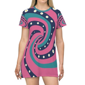 Retro 70s Psychedelic Groovy Swirl Flower Power Tshirt Dress in Mid Century Modern Teal Blue, Pink, Navy, MCM Summer Party Dress, Beach Wear