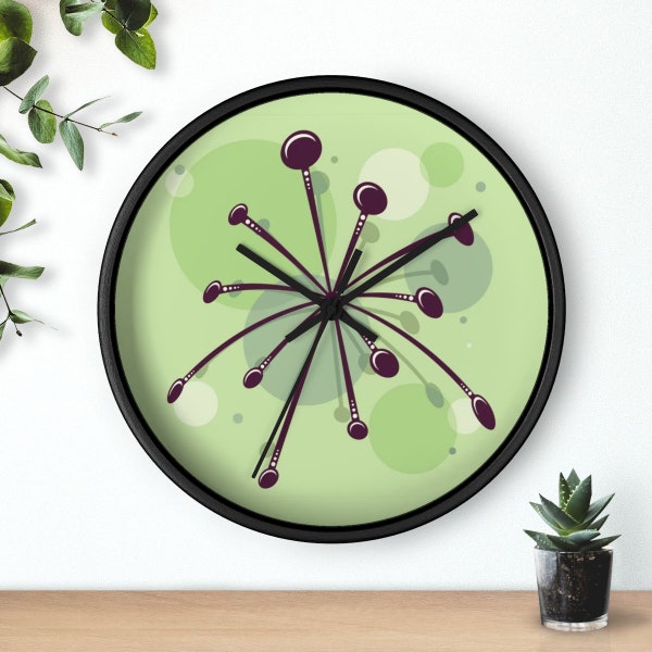 Mid Century Modern Atomic Starburst Wall clock, Retro Wooden Frame, Silent clock mechanism, Decorative Mint 1970s Vintage Living Room Decor