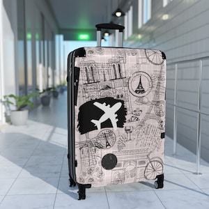 Suitcase Set in Parisienne Wanderlust Travel, Cabin Suitcases with Eiffel Tower Paris, Custom Designed Luggage Set, Carry-On Roller Travel