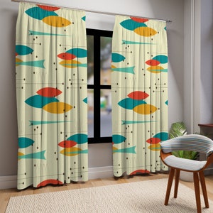Mid Century Modern Geometric Pattern Curtains - Retro Atomic Style Starburst Prints in Orange, Aqua, Mustard and Teal