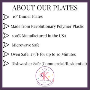 May include: A graphic with a white arrow pointing to the right and the text "ABOUT OUR PLATES" in black. The graphic lists the features of the plates: 10" Dinner Plates, Made from Revolutionary Polymer Plastic, 100% Manufactured in the USA, Microwave Safe, Oven Safe. 275&deg;F for up to 30 Minutes, Dishwasher Safe (Commercial/Residential).