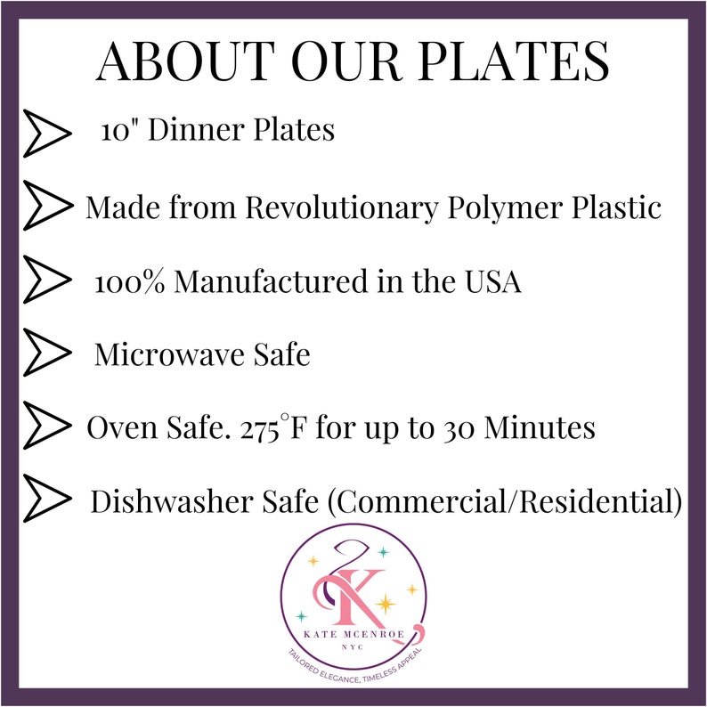 May include: A graphic with a white arrow pointing to the right and the text "ABOUT OUR PLATES" in black. The graphic lists the features of the plates: 10" Dinner Plates, Made from Revolutionary Polymer Plastic, 100% Manufactured in the USA, Microwave Safe, Oven Safe. 275&deg;F for up to 30 Minutes, Dishwasher Safe (Commercial/Residential).