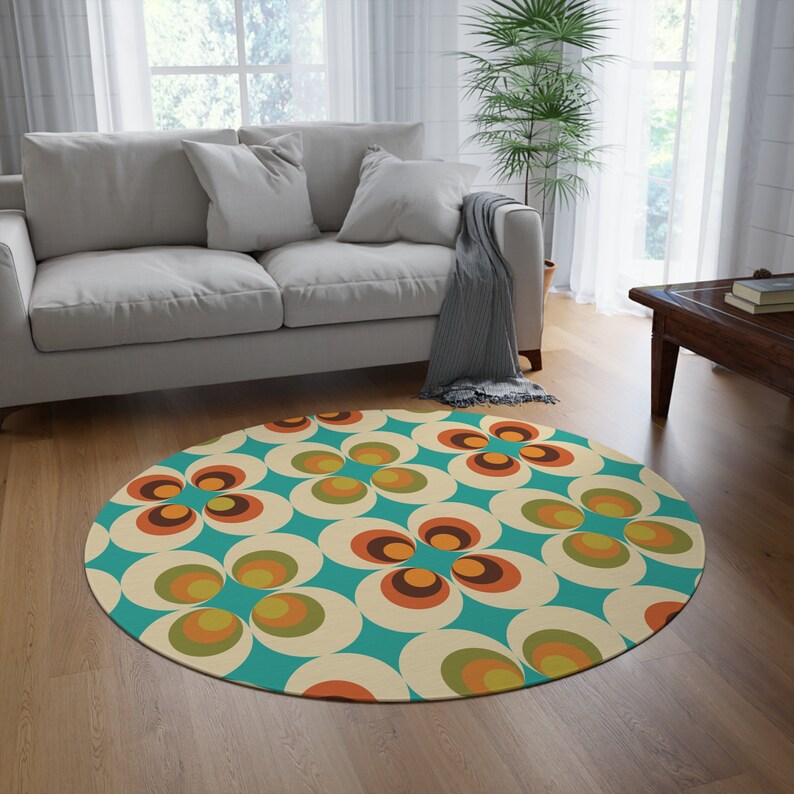 70s Retro Mid Mod Daisy Round Rug, Living Room, Mid Century Modern Flower Power Bedroom Accent Rug, MCM Home Decor, Bedroom Aesthetic image 1