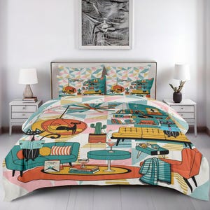 Atomic Cat Reversible Comforter Set: Mid-Century Modern Cotton Bedding