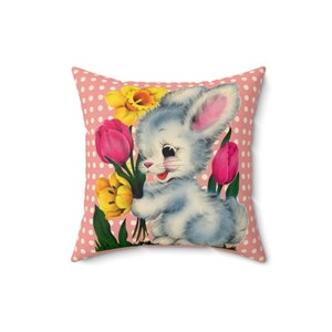 Vintage Kitschy Easter Bunny Throw Pillow Cover, Vintage Easter Card Inspired Cushion Covers, Easter Rabbit Spring Floral Pillow Case Gifts image 5