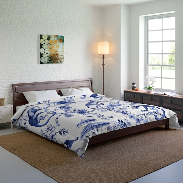 Chinoiserie Comforter, Botanical Toile Bedding Collection, Floral Blue and White Chinoiserie Jungle, Chinoiserie Toile Comforter Blanket