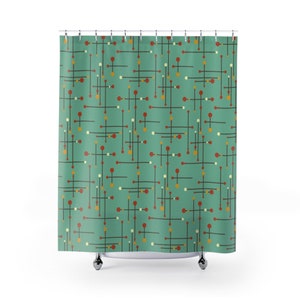 May include: A teal shower curtain with a mid-century modern design. The pattern features black lines and colorful dots in red, yellow, and cream. The curtain is hanging from a chrome rod.