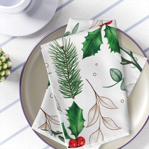 Christmas Napkins Set of 4,  Evergreen and Holly Berries Table Linens, Christmas Dinner Cloth Napkins, Holiday Table Decor