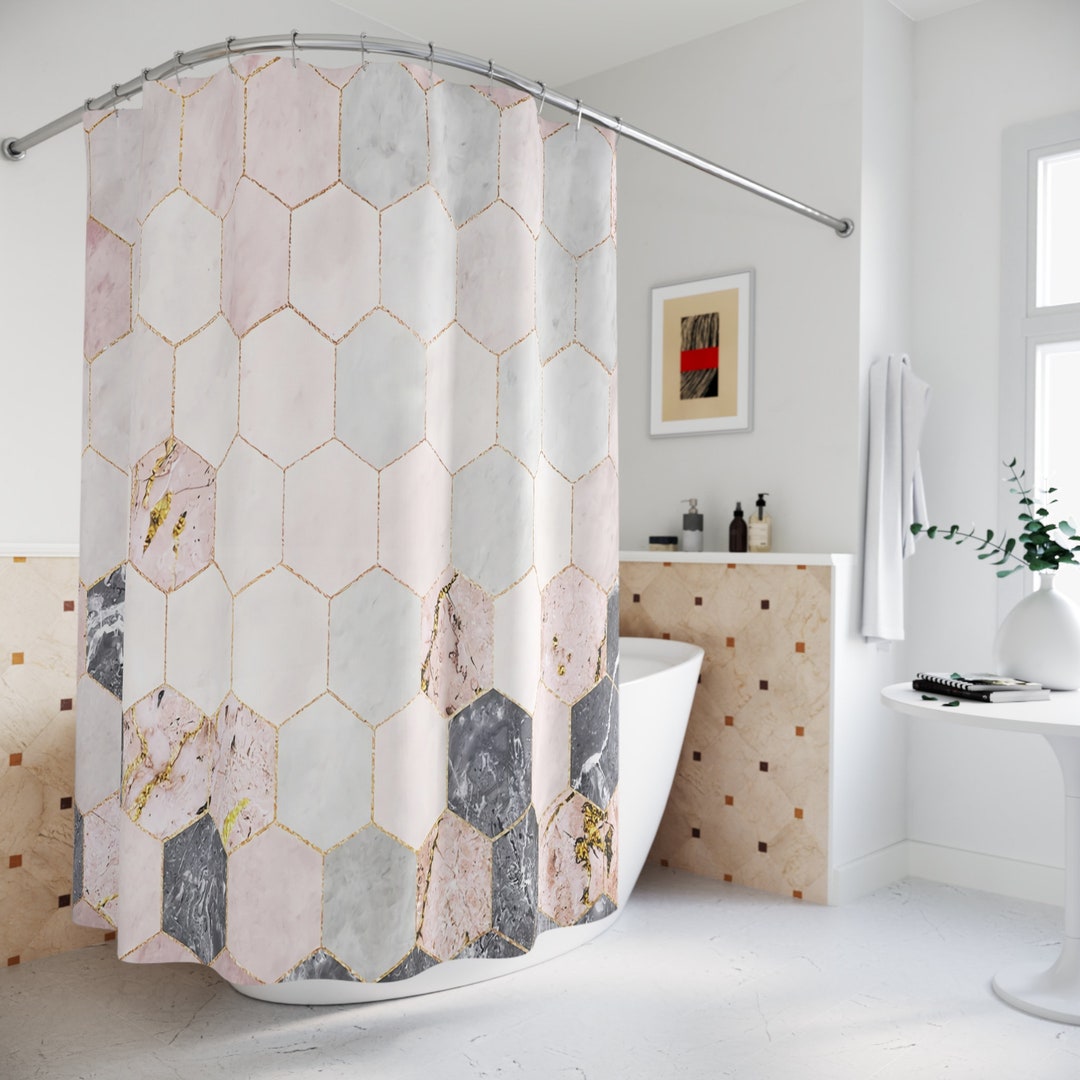Modern Geometric Tiles Marble Print Shower Curtain, Stylish Bathroom Decor, Pink, Grey, Light