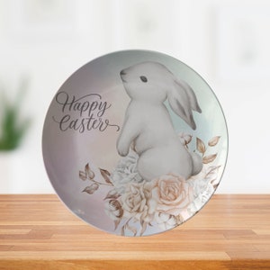 Happy Easter, Watercolor Spring Bunny Dinner Plate, Custom Spring Easter Dinnerware, Decorative Kitchenware, Floral Easter Bunny Dishes