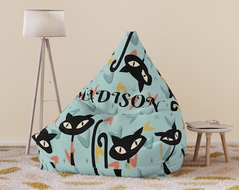 Custom Name Atomic Cat Bean Bag Chair Cover For Kids and Adults, Personalized Kitschy Cats, 20 Color Options, Gift for Her, Gift for Him