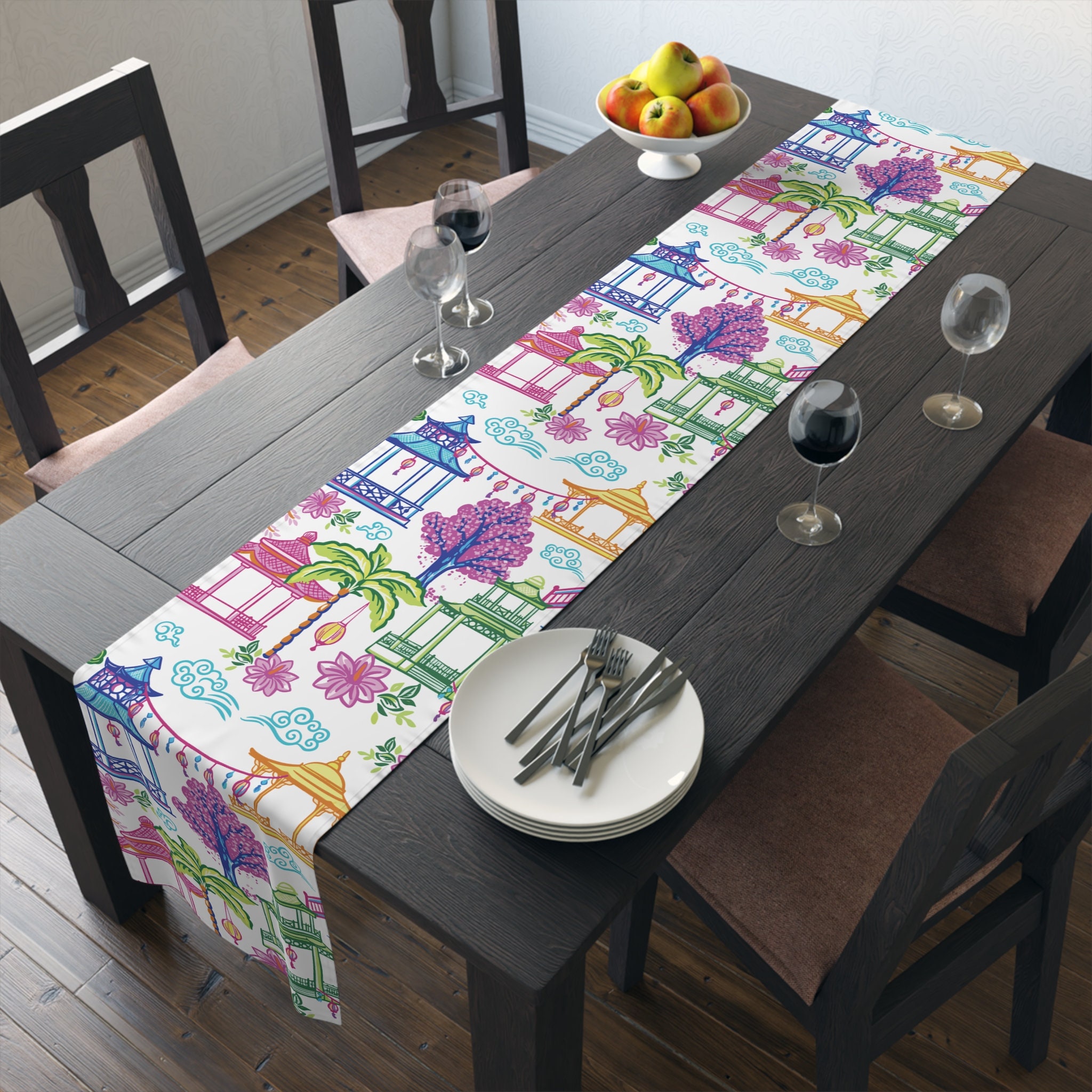 Tropical Chinoiserie Pagoda Garden Table Runner in Blue, Pink, Green, Yellow by Kate McEnroe - KM13859926