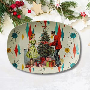 Bandeja de arte de tarjeta navideña kitsch con diseño de estrella de diamante franciscano retro vintage de los años 50, 2 unidades, bandeja para servir fiestas atómicas, platos modernos de mediados de siglo