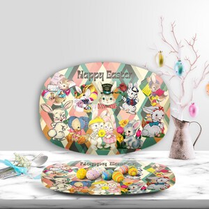 May include: An oval ceramic serving platter with a green, pink, and blue geometric pattern. The platter features a vintage illustration of bunnies with the text "Happy Easter" in the center.