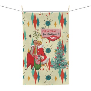 Strofinaccio morbido artistico con cartolina di Natale Kitsch retrò degli anni '50, biancheria da cucina Franciscan Diamond Starburst